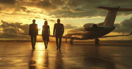 Business people walking in front of airplane at sunset. 3D Renderingの素材