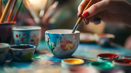 Close up of female hands painting on ceramic cup with colorful paints.の素材