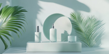 3d render of white podium with cosmetic products and palm leaves.の素材