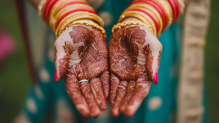 Hands of indian bride with henna tattoo on her handsの素材