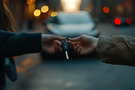 Close up of the hands of a man and a woman holding the keys to the carの素材