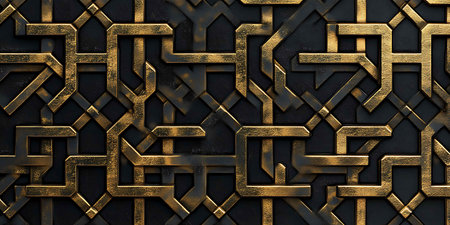 Seamless pattern of gold ornamental lattice on black backgroundの素材