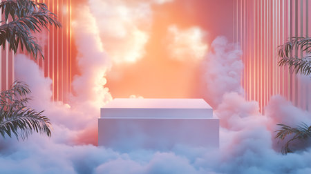 Minimalist scene with podium and clouds, 3d render.の素材