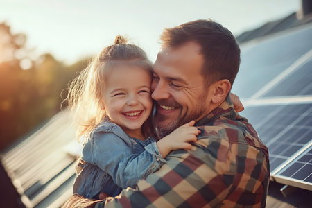 happy father and daughter hugging near solar panels on roof at sunny dayの素材