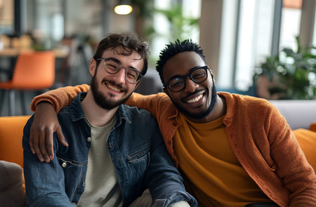 portrait of smiling multiethnic friend sitting on sofa in cafeの素材
