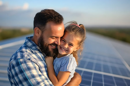 Father and daughter on photovoltaic solar panels background. Alternative energy concept.の素材