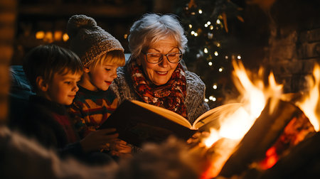 Grandmother reading a book with her grandchildren by the fireplace at home.の素材
