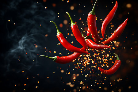 Flying red hot chili peppers on black background with smoke. 3d renderingの素材