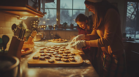 Mother and daughter baking cookies in the kitchen at christmas time.の素材
