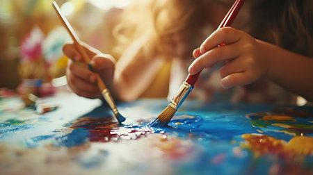 Close up of little girl painting with watercolors at the art studioの素材
