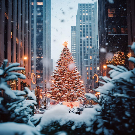 New York City, USA. Christmas tree with snowflakes in the city.の素材