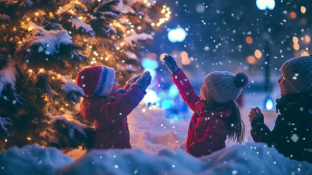 happy kids playing with snow at winter park. children having fun outdoors. winter holidaysの素材