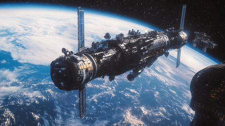 Space station in outer space. 3D rendering. Elements of this image furnished by NASAの素材