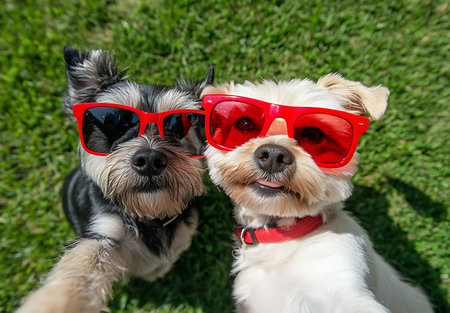 Two dogs with red sunglasses sitting on the grass in the park.の素材