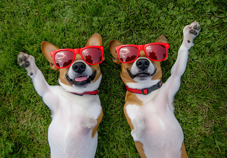 two dogs with red sunglasses lying on the green grass in the parkの素材