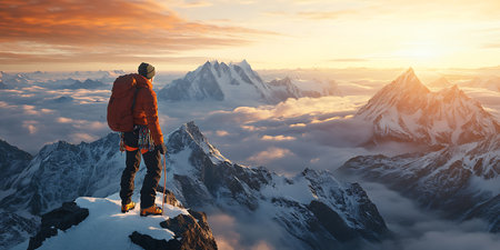 Hiker on the top of a mountain at sunset.3d renderingの素材
