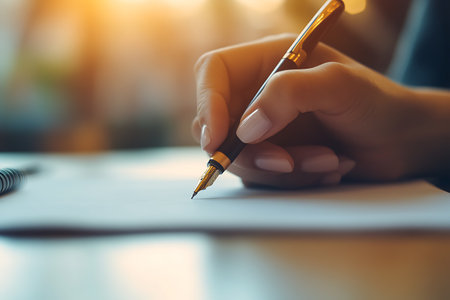 Close up of female hands writing on paper with fountain pen. Business conceptの素材