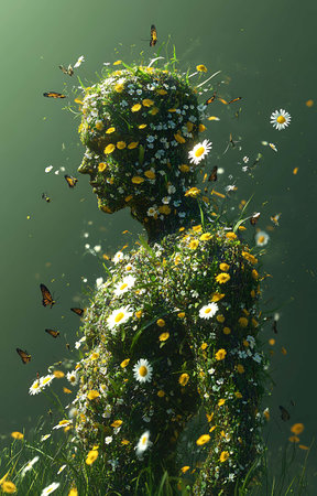 3d rendering of a man surrounded by daisies and butterfliesの素材