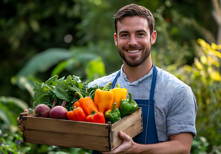 Portrait of a handsome young farmer holding a crate of fresh vegetablesの素材