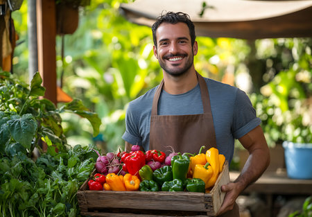 Portrait of smiling male gardener holding crate with fresh vegetables in gardenの素材