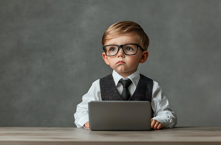 Cute little boy in business suit and eyeglasses sitting at table and using laptopの素材