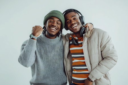 Two african american men in winter clothes listening to music with headphonesの素材