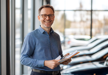 Portrait of a handsome young man in glasses holding a clipboard and smiling while standing in a car salonの素材