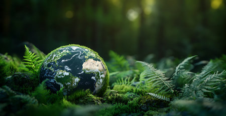 Globe in the forest. 3d render. Global warming conceptの素材
