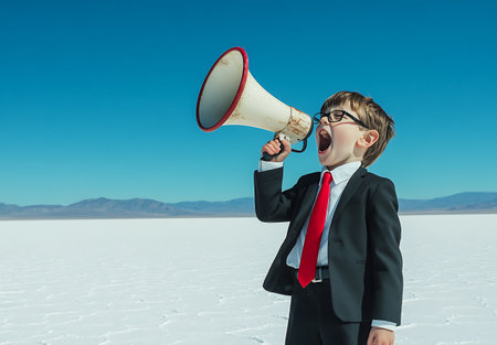 Little boy in business suit shouting in megaphone. Leadership conceptの素材