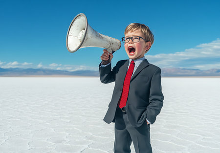 Little boy in suit and tie screaming in megaphone against salar landscapeの素材