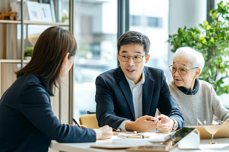 asian senior couple meeting with real estate agent in modern office.の素材