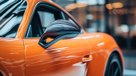 Close-up of the rear mirror of a modern orange sports carの素材