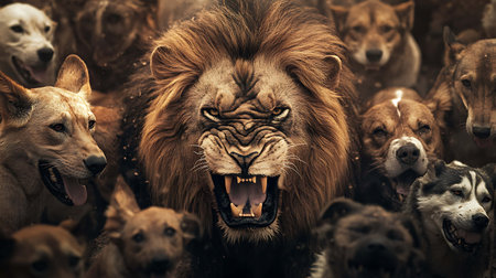 Lion in front of a group of other animals in the backgroundの素材