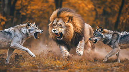 Lion and wolf fight in the autumn forest. Wildlife scene from nature.の素材