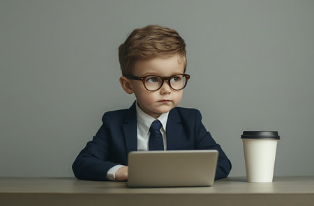 Cute little boy in business suit and glasses sitting at the table with a laptop and a cup of coffeeの素材