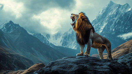 Lion in the mountains. 3D render. Elements of this image furnished by NASAの素材