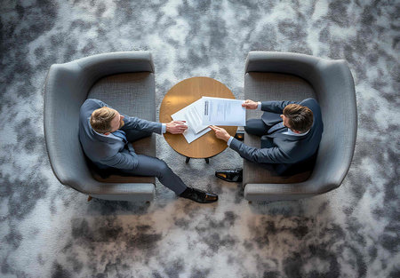 Top view of two businessmen shaking hands while sitting at table in officeの素材