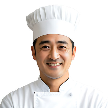 Portrait of smiling asian male chef isolated on white background.の素材