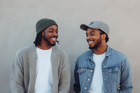 Two young african american men in casual clothes smiling, looking at each other.の素材