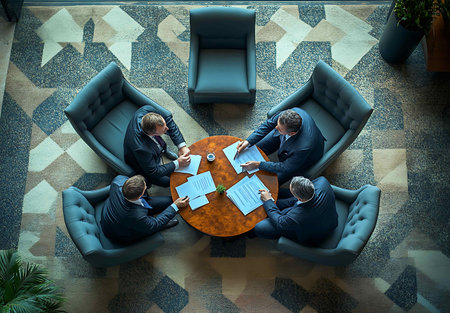 Top view of business people sitting at table and discussing documents in officeの素材