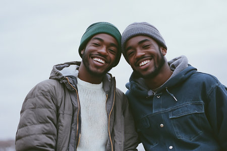 Two african american friends in warm clothes smiling and looking at camera outdoorsの素材