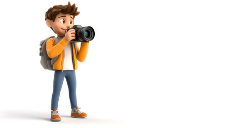 3d illustration of a backpacker with a camera, isolated white backgroundの素材