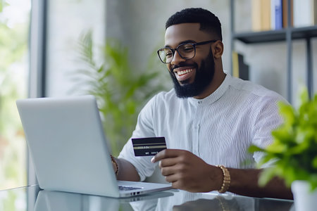 smiling african american businessman holding credit card and using laptop in officeの素材