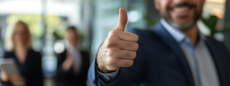 Close up of businessman showing thumbs up gesture in office. Cropped shot of smiling businessman gesturing ok sign with his colleagues in backgroundの素材