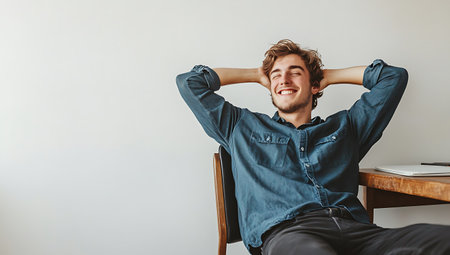 Handsome young man in casual clothes sitting on the chair and smilingの素材