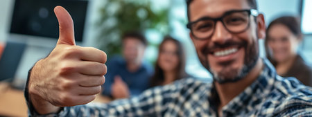 Group of happy young business people in a meeting at office showing thumbs upの素材