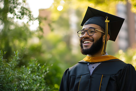 Portrait of happy african american male graduate in cap and gownの素材