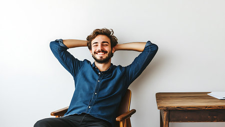 Cheerful young man with hands behind head sitting on chair at homeの素材