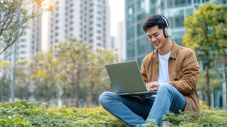 Young asian man sitting in the park with laptop and listening to musicの素材