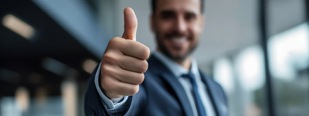 businessman with thumbs up in office, focus on the right handの素材